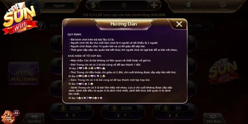 Quy định các chi trong game mậu binh Sunwin